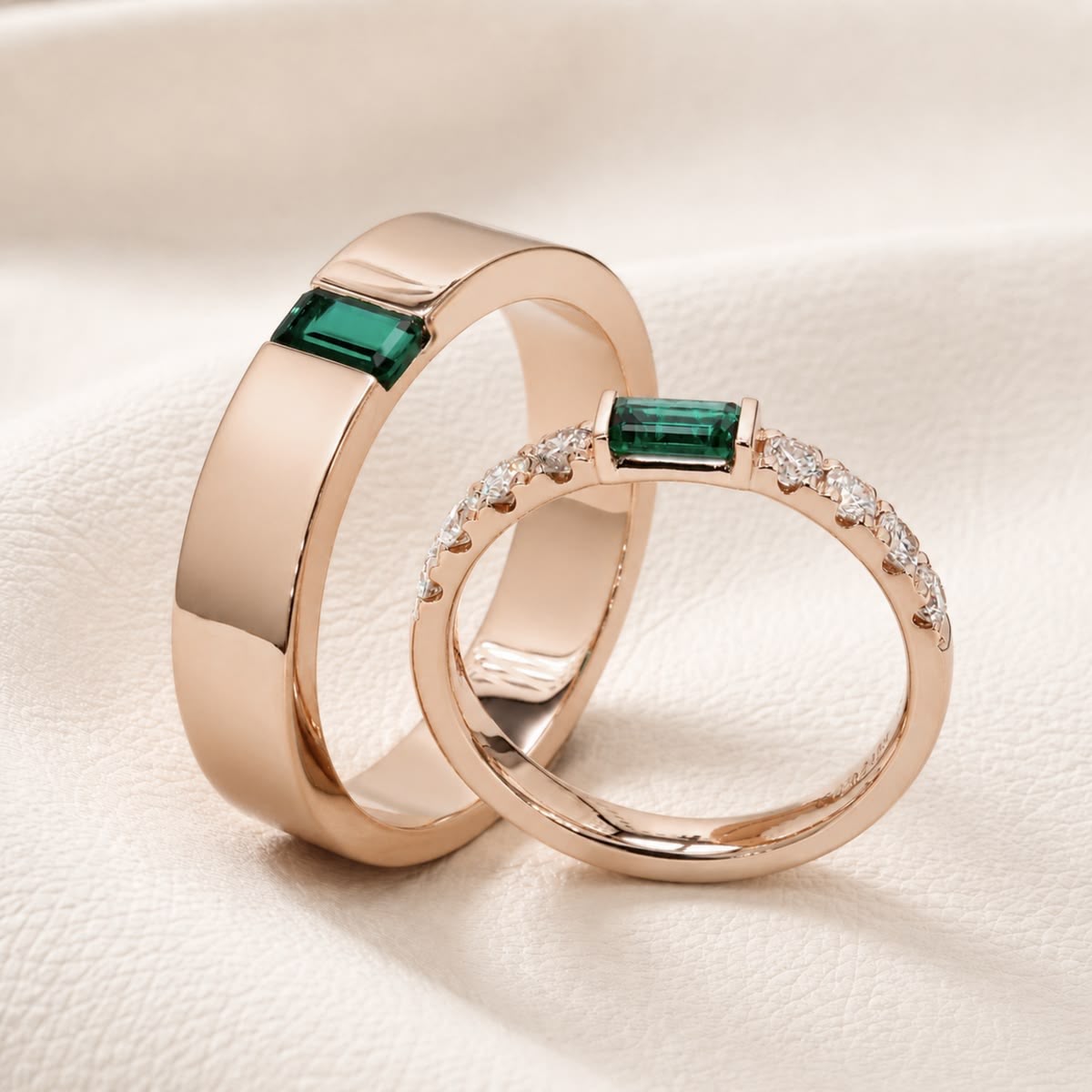 Rose Gold Emerald Couple Band Set