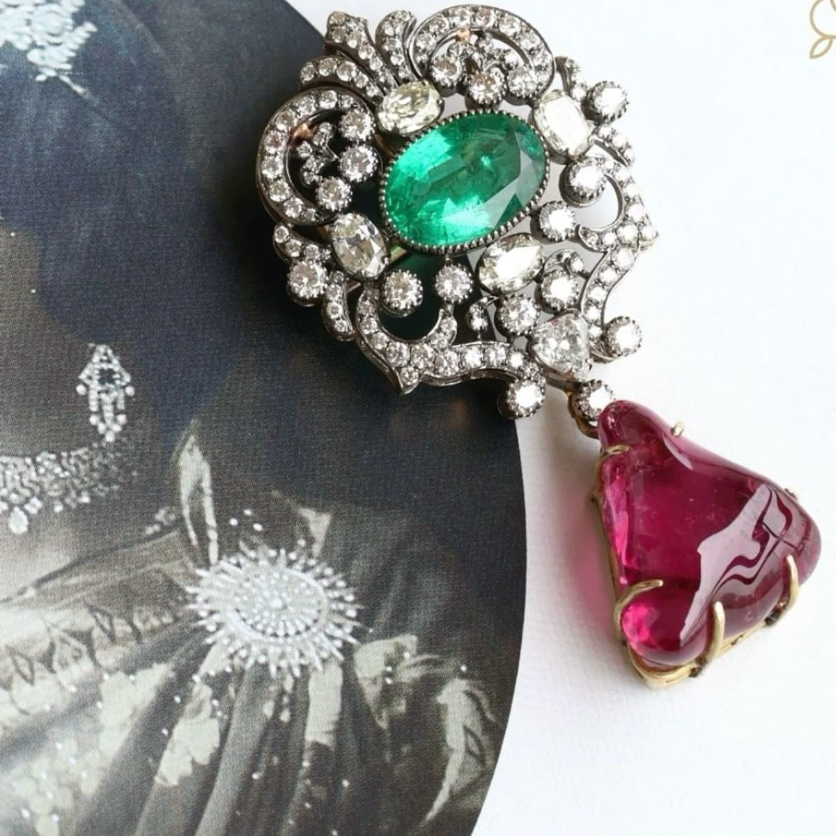 Emerald Ruby Floral Brooch