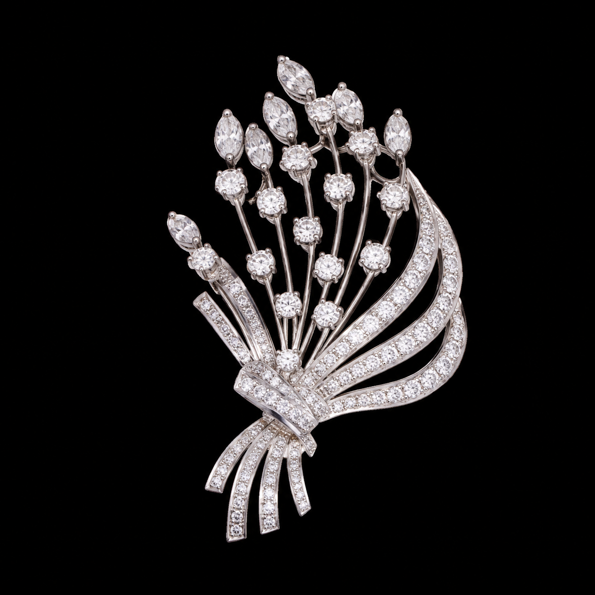 Slender stems tipped with clear stones fan above sweeping ribbon-like curves.