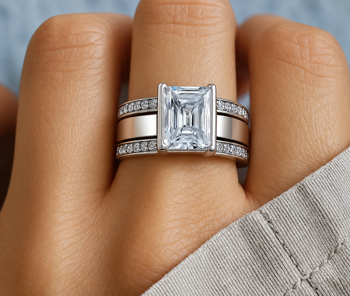 A rectangular clear centre spans a broad polished middle band framed by two rows of small clear accents.