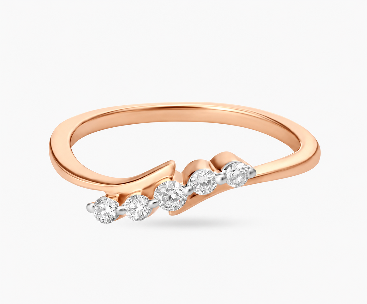 Five clear round accents follow a gentle wave along a slim rose-coloured band.
