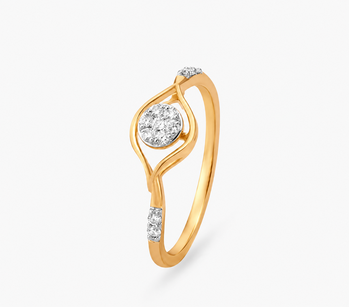 An open marquise-shaped outline surrounds a round clear cluster between small sparkling shoulders.
