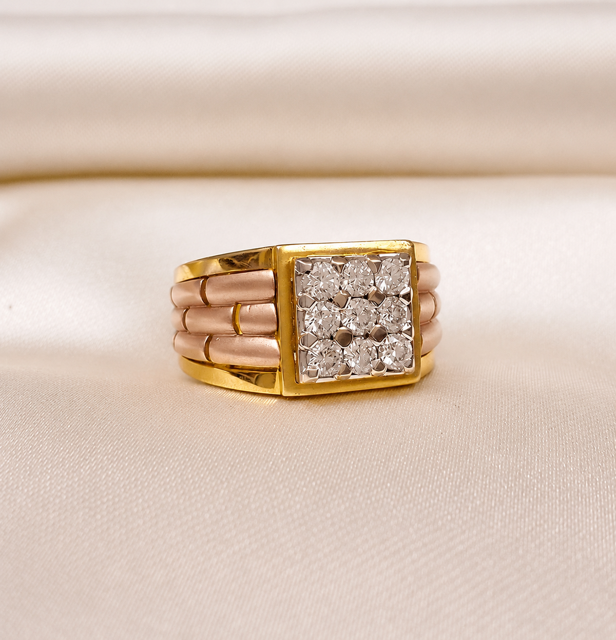 A square panel of nine clear accents rises between rounded contrasting-tone shoulders and yellow-coloured borders.