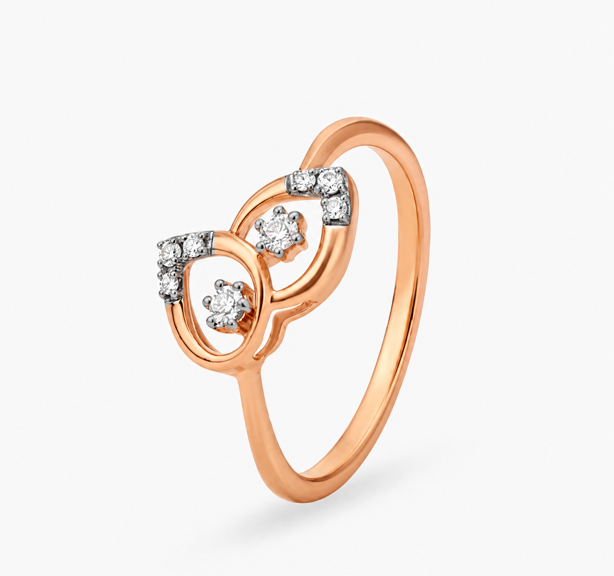 Two open rounded motifs hold small clear centres above a slender rose-coloured band.