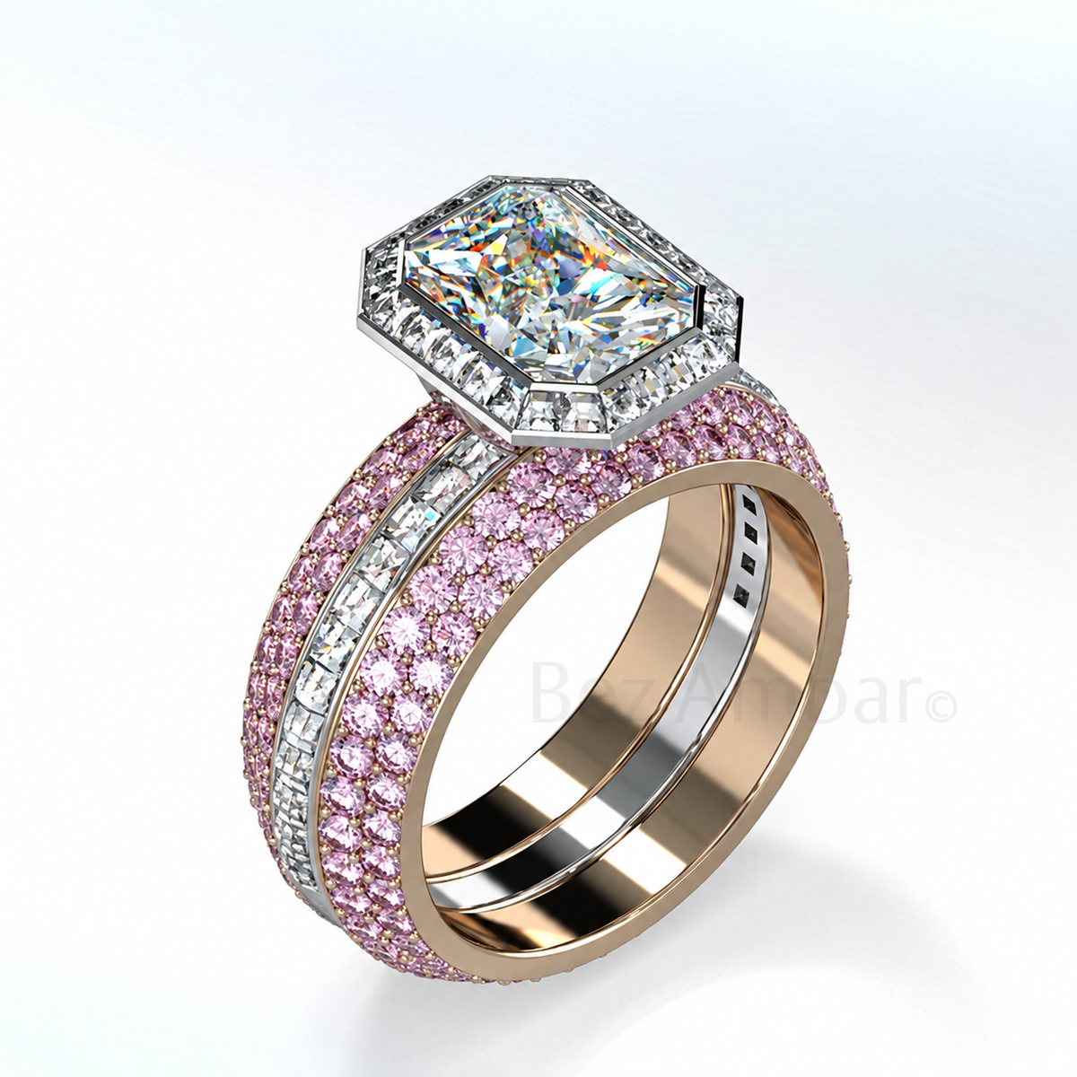A rectangular clear centre and angular halo rise above a wide band lined with pink and clear accents.