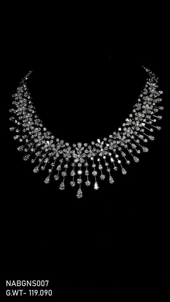 a curved necklace with clustered bright details