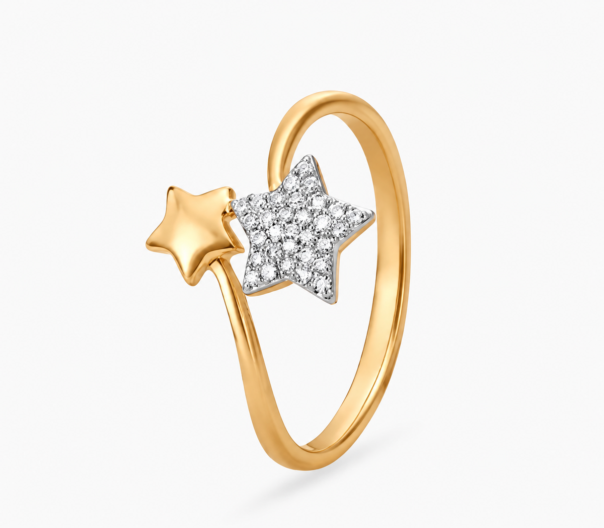 A polished small star sits beside a larger sparkling star on a slender yellow-coloured band.