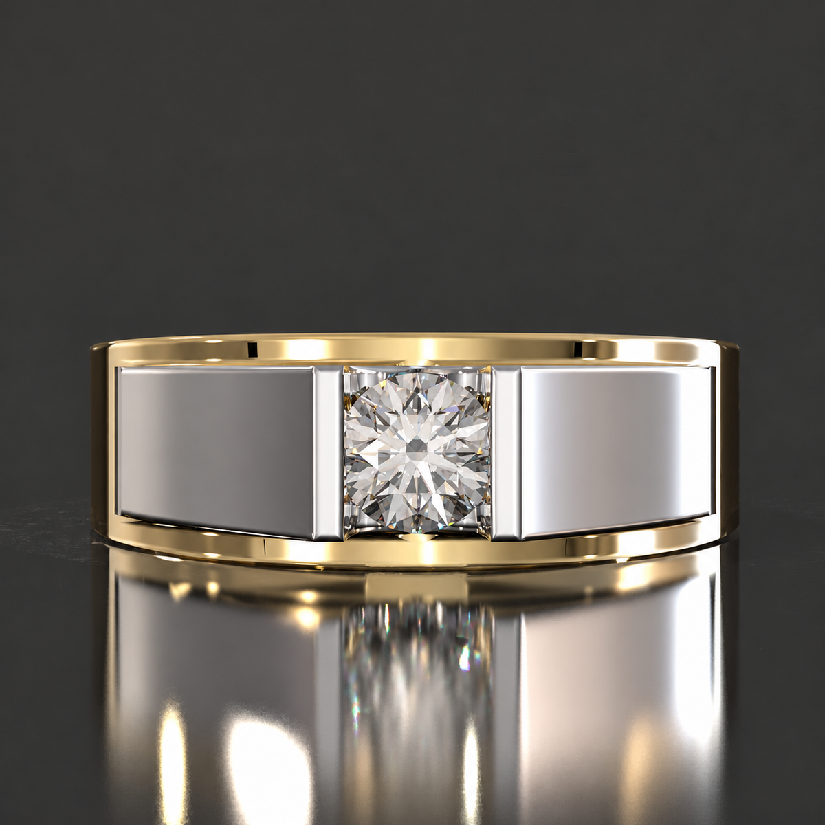 A round clear centre is set between broad silver-coloured panels bordered by yellow-coloured edges.