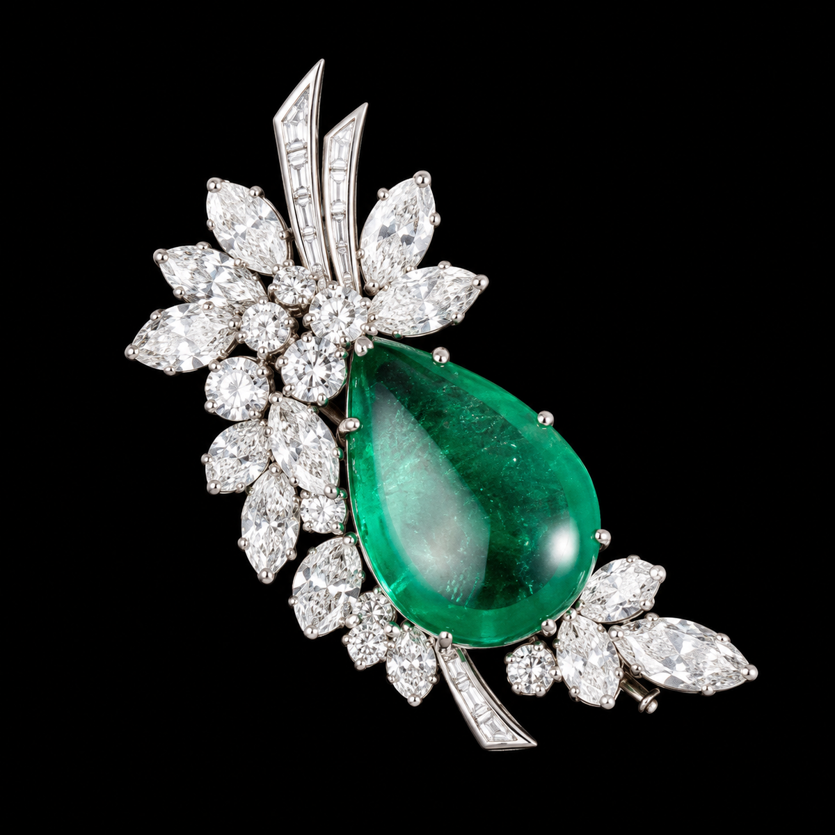 A green pear-shaped centre nestles among clear leaf-shaped stones and slender angled accents.