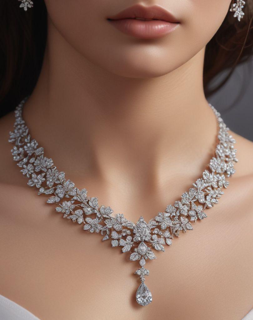 A floral necklace with clustered pale details and a small center drop.