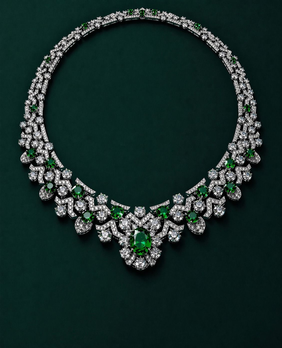 A pale clustered necklace with green-toned details and a central drop.