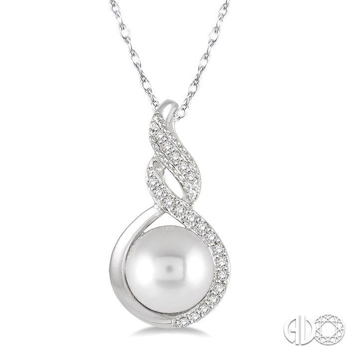 A necklace with a pale round center in a looping pendant design.