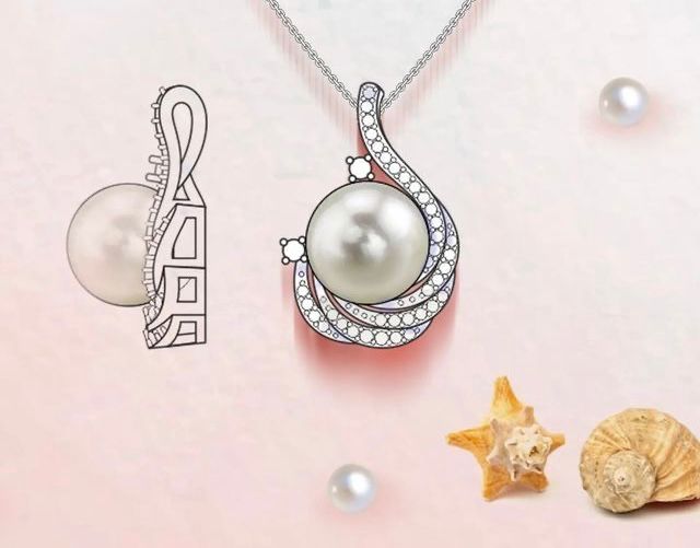 A matching pendant and drop earring with pale round centers and curved frames.