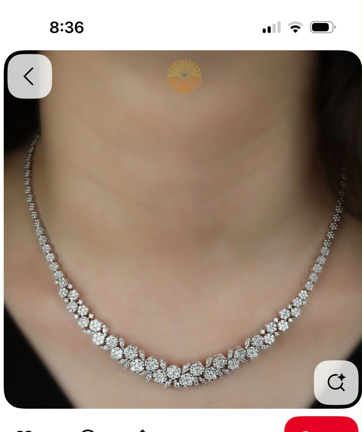 A fine necklace with closely spaced pale cluster details shown at the neckline.