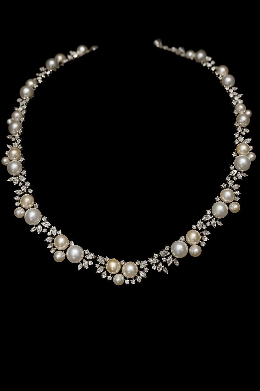 A rounded necklace with repeating pale round details.