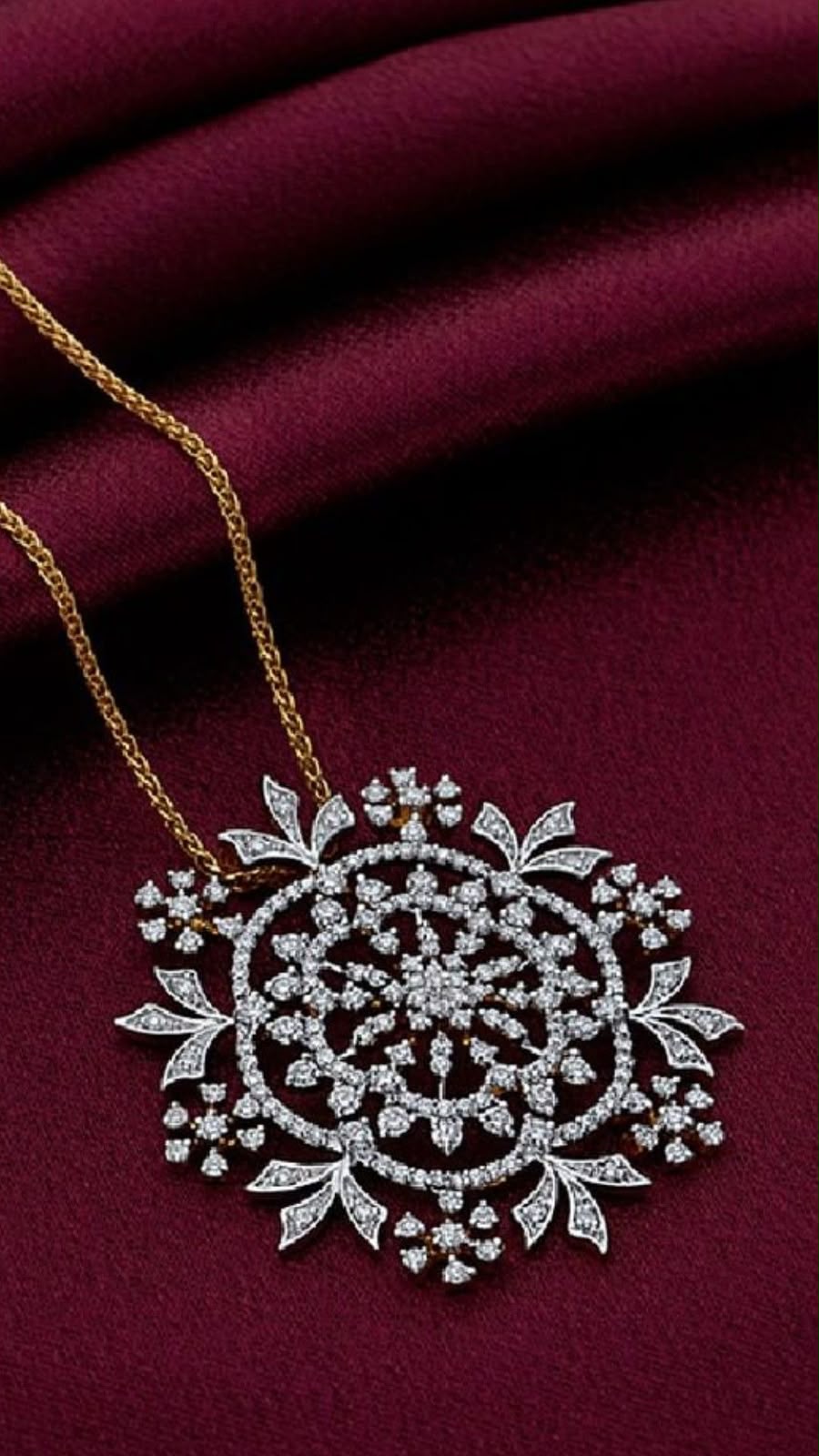 A necklace with a large pale floral medallion pendant.
