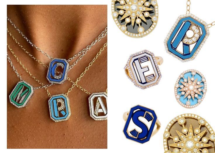 several letter-shaped pendant designs displayed together