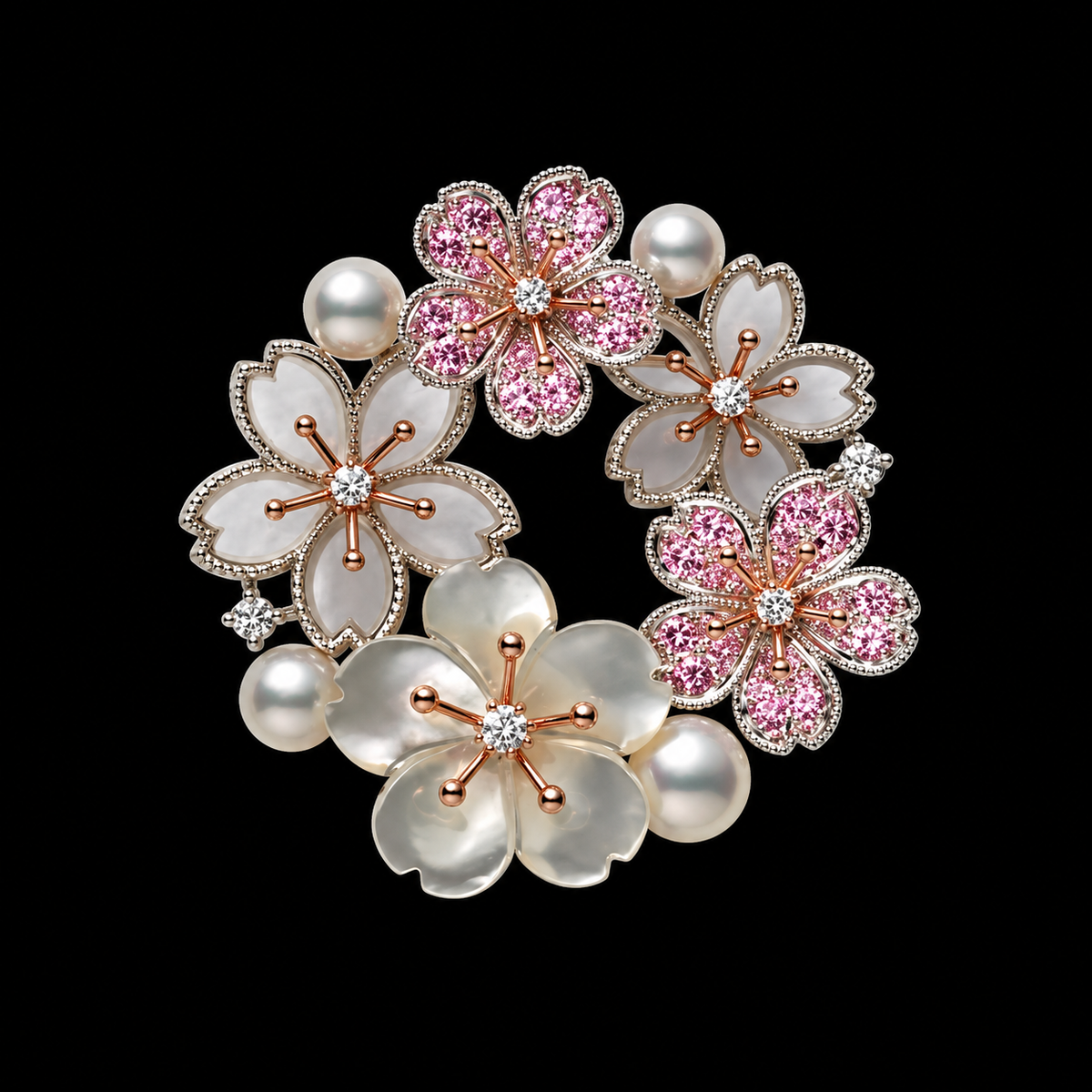 Pink sparkling flowers, pale petals and small round beads form a delicate open floral wreath.
