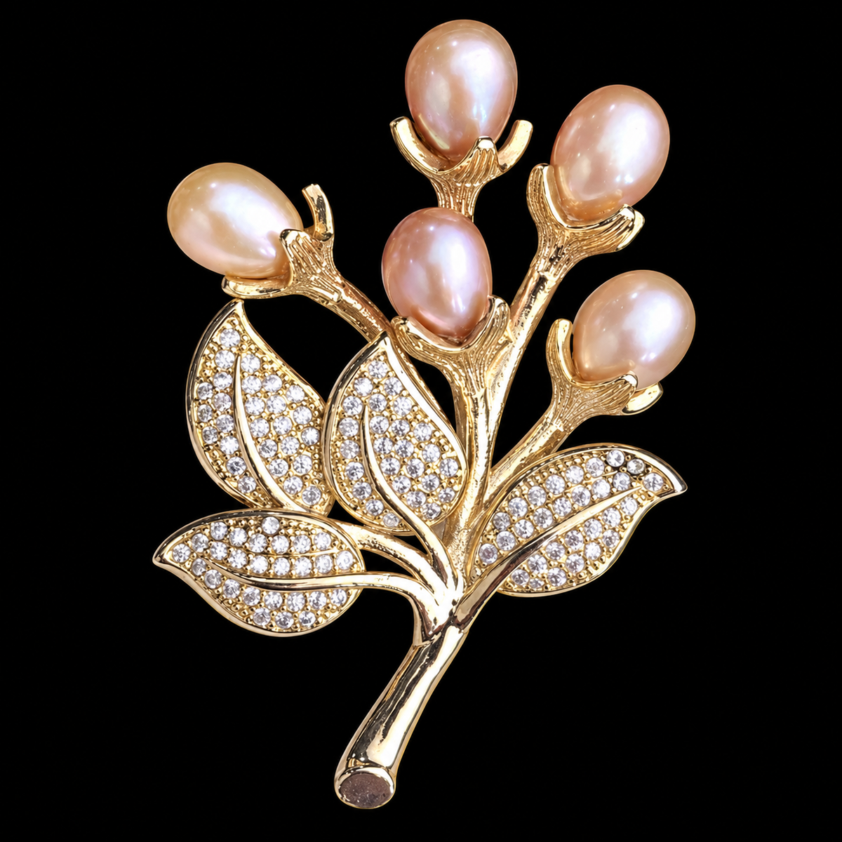 Five blush-coloured oval buds rise above sparkling leaves on a delicate branching stem.