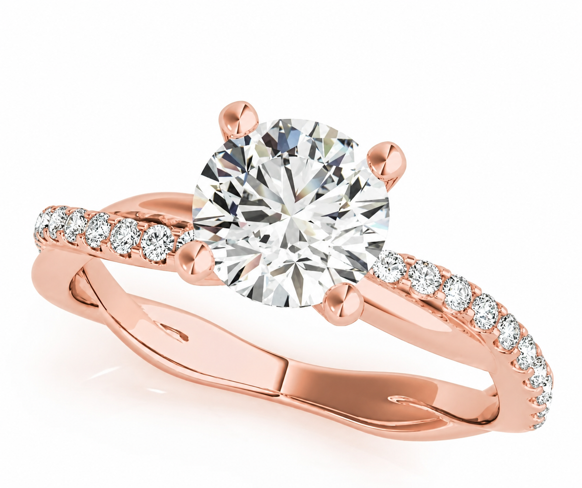 A round clear centre rests in a four-prong setting above a slender rose-coloured band.