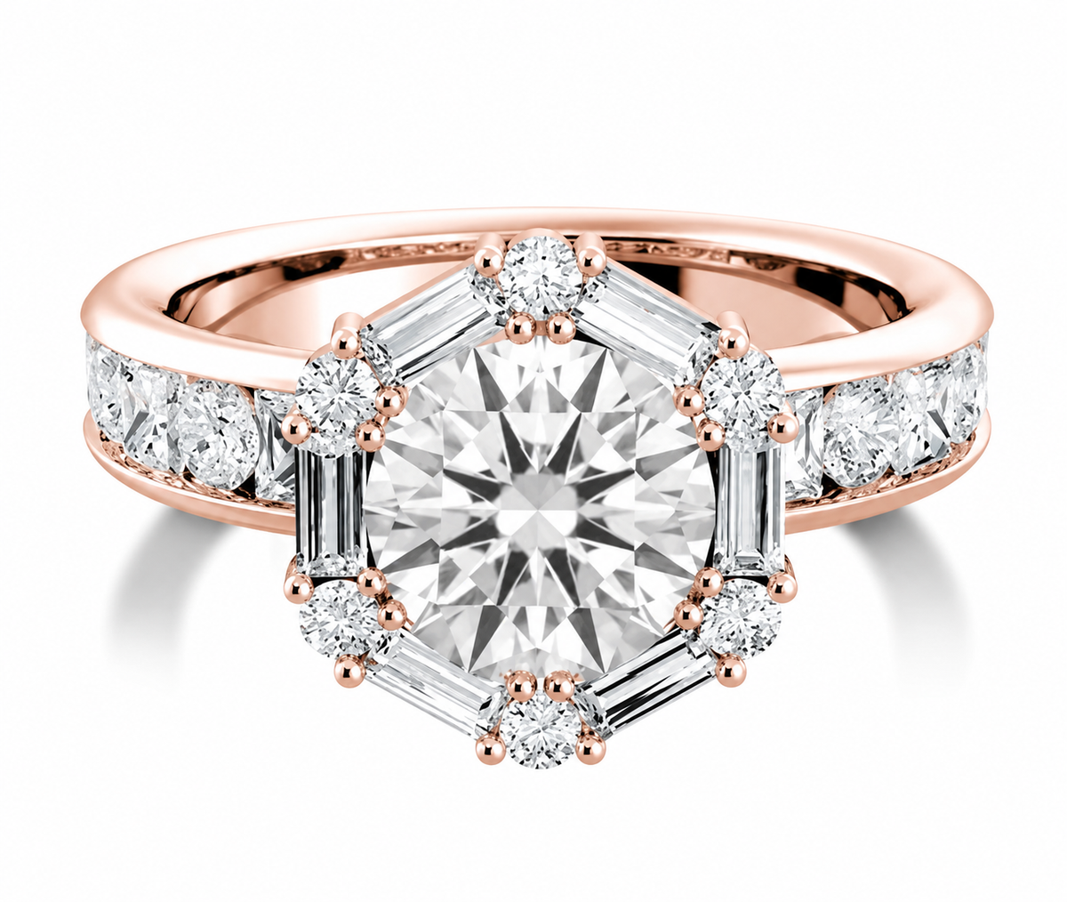 A round clear centre is surrounded by a hexagonal arrangement of rectangular and round accents on a rose-coloured band.