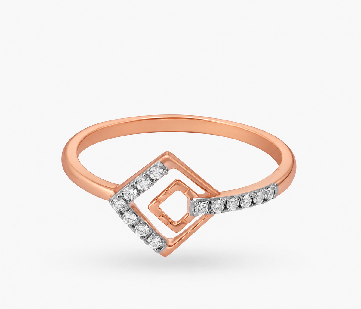 Nested open square outlines meet a slim rose-coloured band with a line of clear accents.