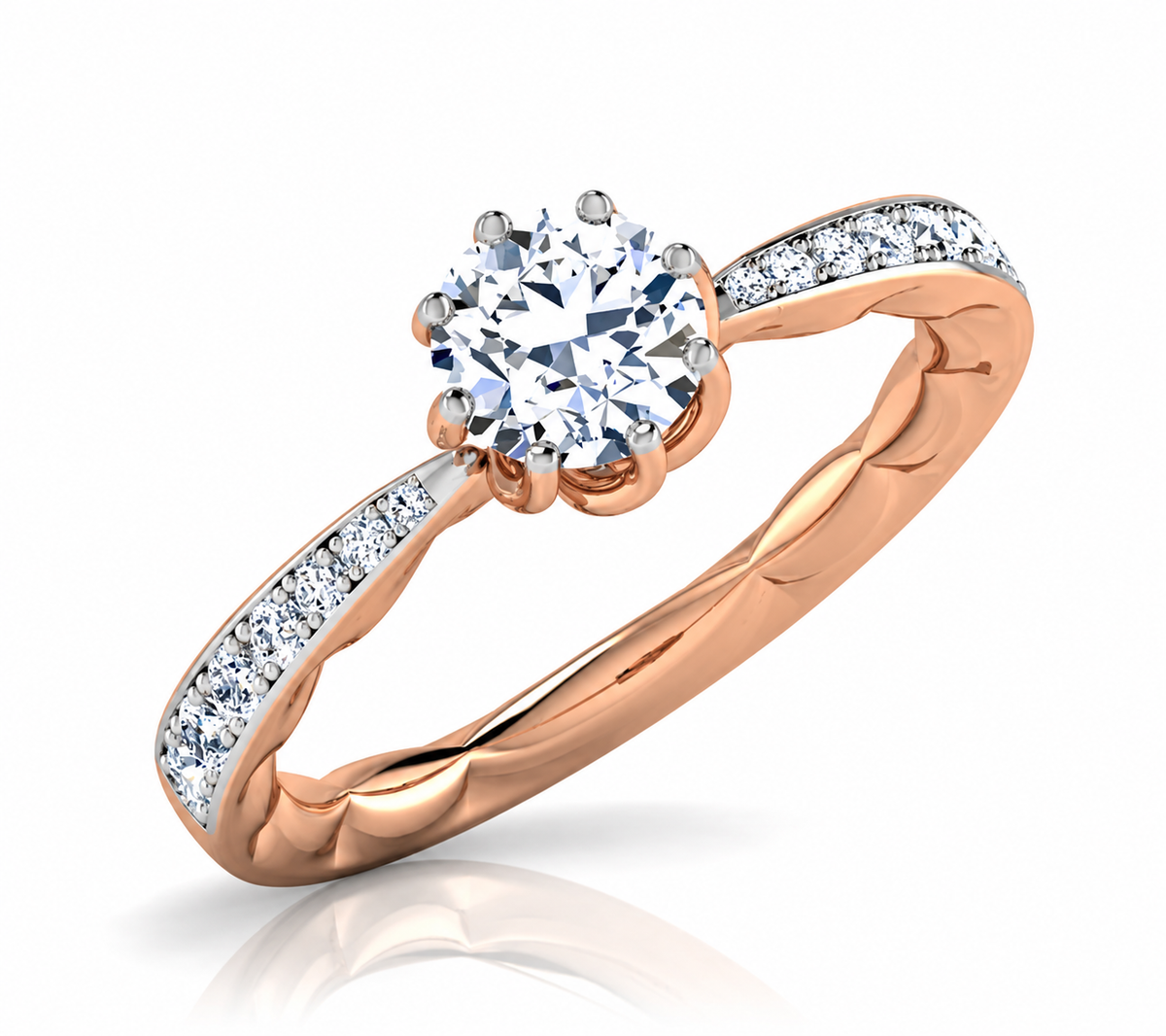 A round centre rises from a scalloped tulip-like setting above rose-coloured sparkling shoulders.