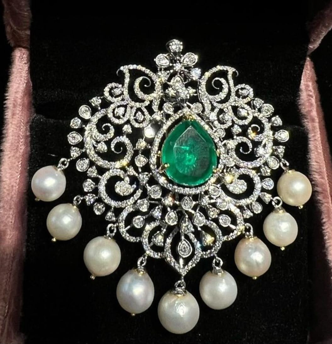Emerald Pearl Chandelier Brooch