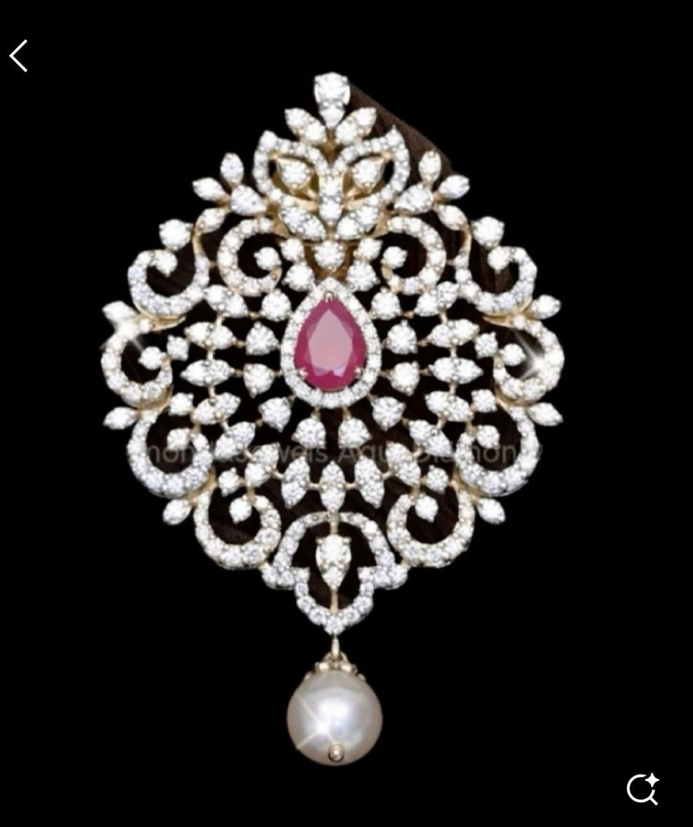 Ruby Pearl Scroll Brooch