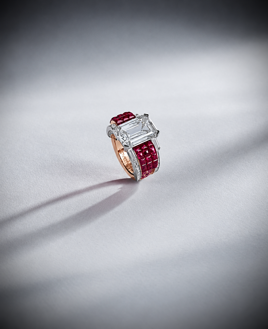 A rectangular clear centre rises above rich red panels bordered by neat rows of clear rectangular accents.