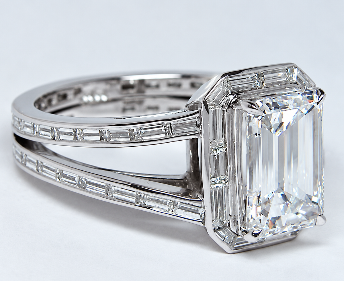 A tall rectangular clear centre crowns two widely spaced shoulders lined with narrow rectangular accents.