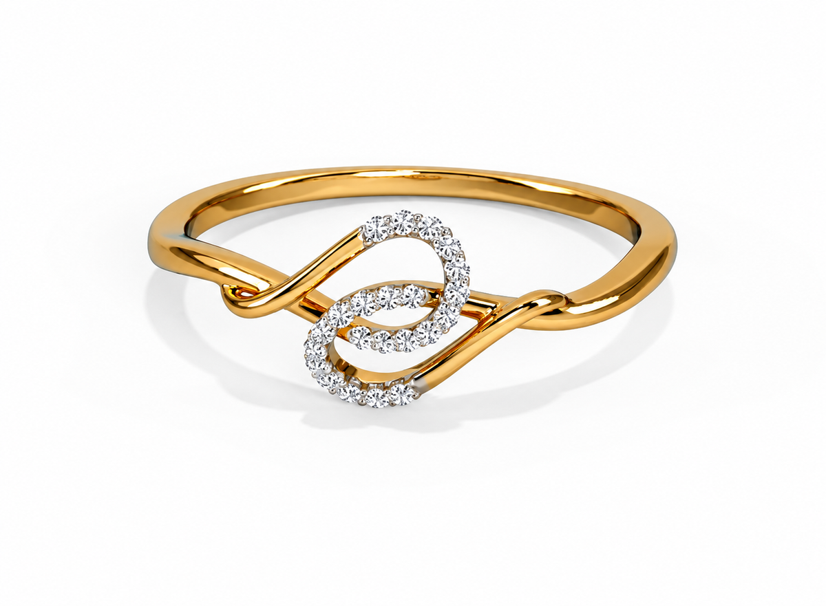 Intertwined polished and sparkling loops form an open knot above a slender yellow-coloured band.