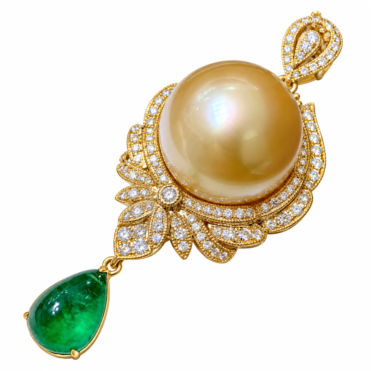 A rounded ornament with a pale center and a green-toned hanging drop.