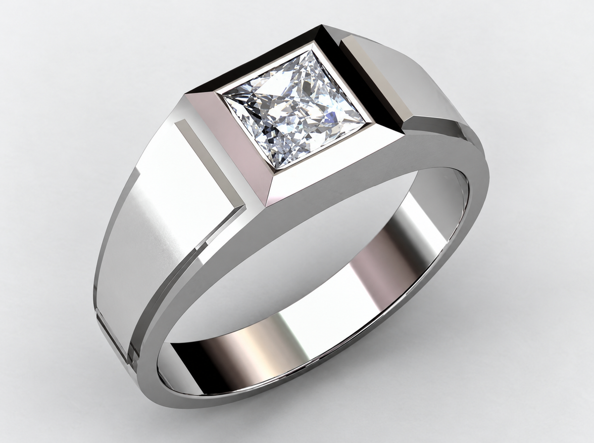 A square clear centre is framed by bold angular facets on a broad polished band.