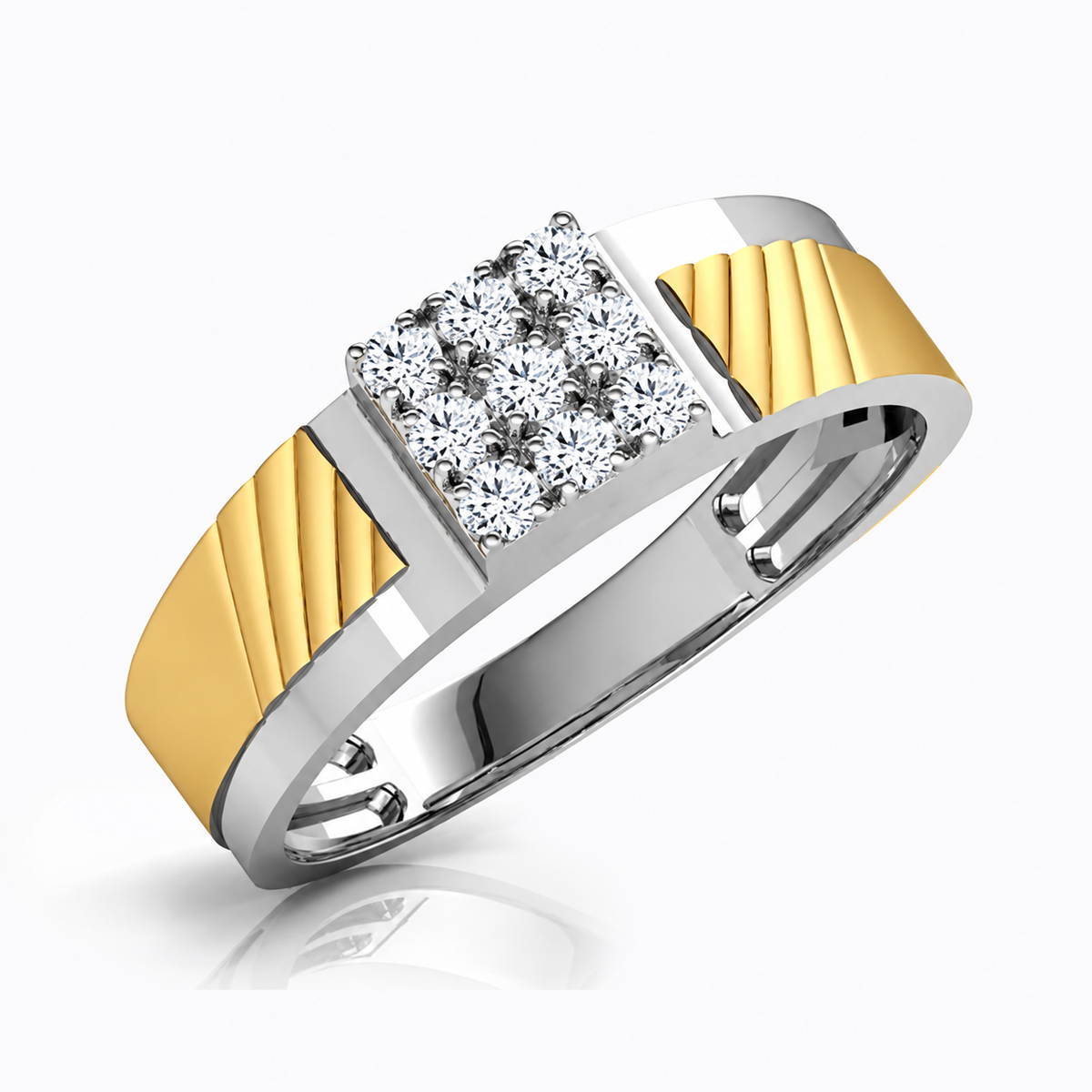 A square clear cluster sits between fluted yellow-coloured shoulder panels on a polished silver-coloured band.
