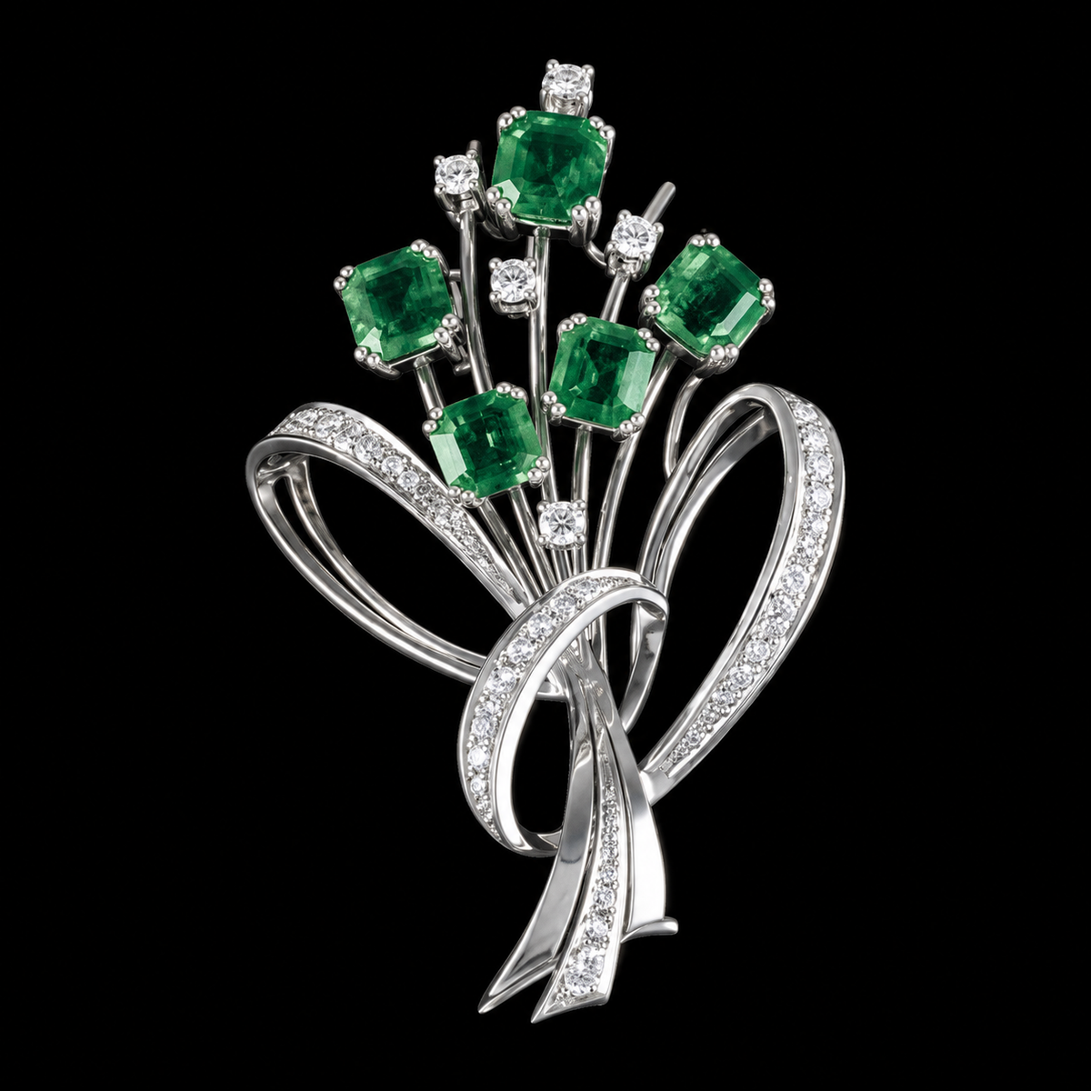 Five green rectangular stones rise on slim stems above open sparkling ribbon loops.