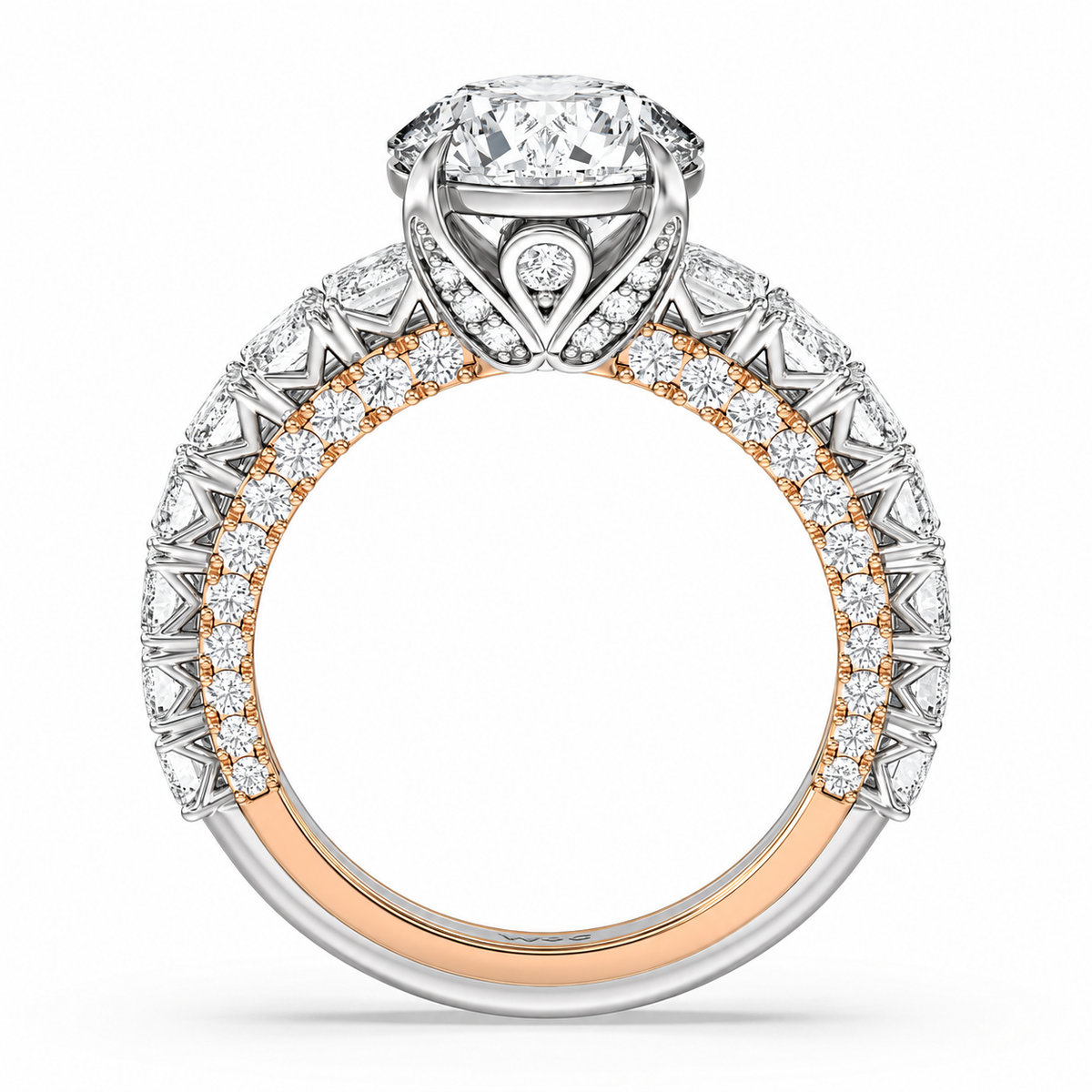 An elevated clear centre sits above an ornate heart-shaped gallery and contrasting stone-lined inner and outer shoulders.