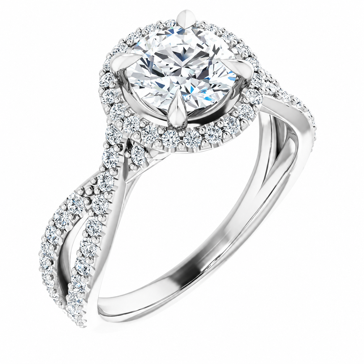 A round centre and circular halo crown two sweeping, interlaced sparkling shoulders.