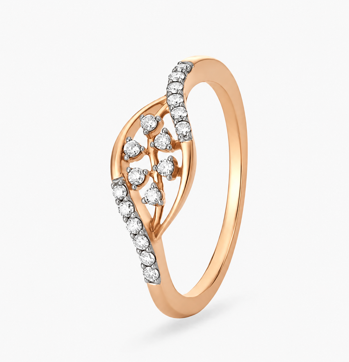 Small round accents sit inside an open leaf-shaped centre between sparkling shoulders.