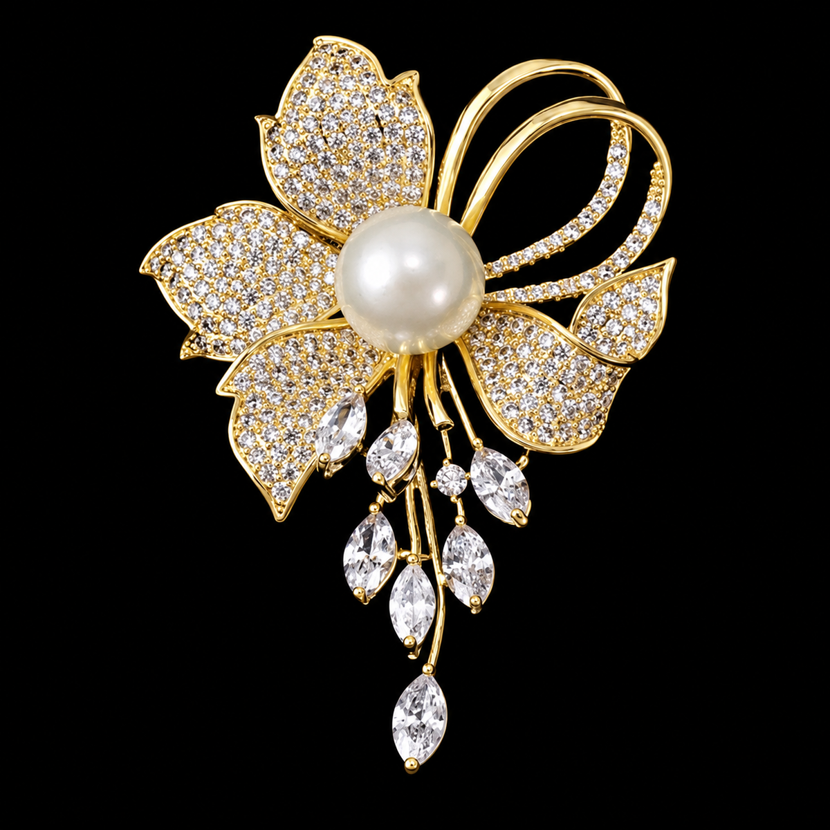 Sparkling leaf-shaped petals surround a pale round centre with delicate clear drops below.