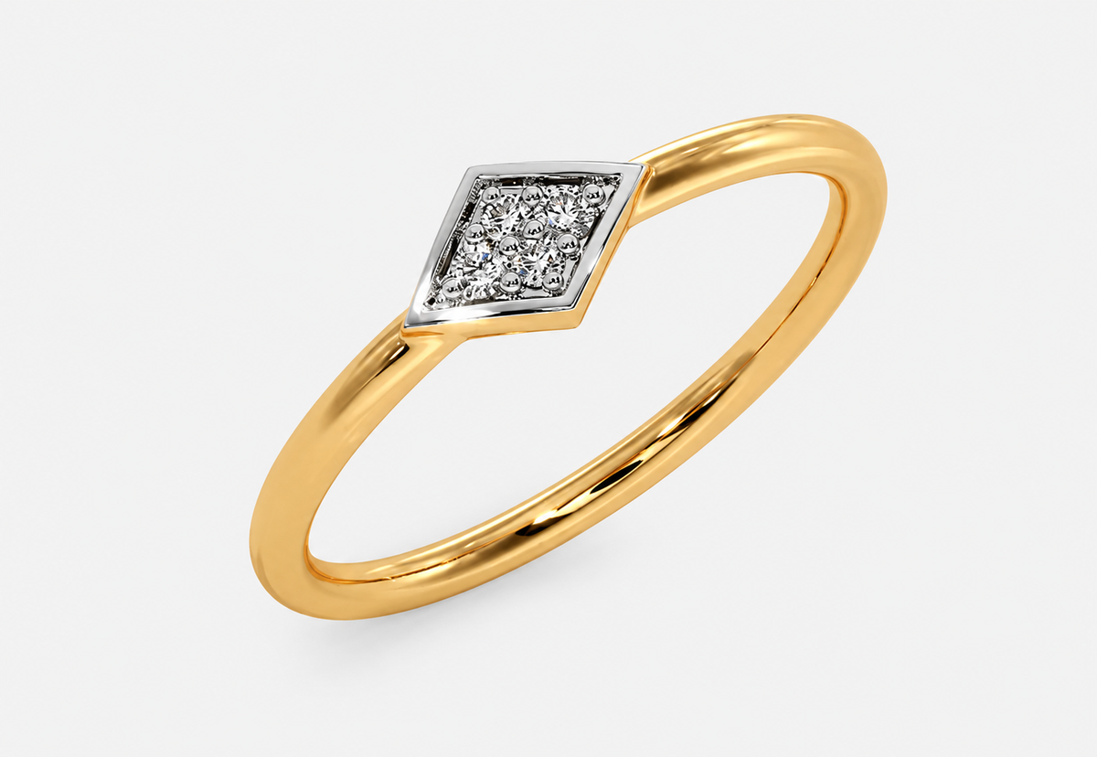A tilted rhombus frame holds a cluster of clear accents above a smooth yellow-coloured band.