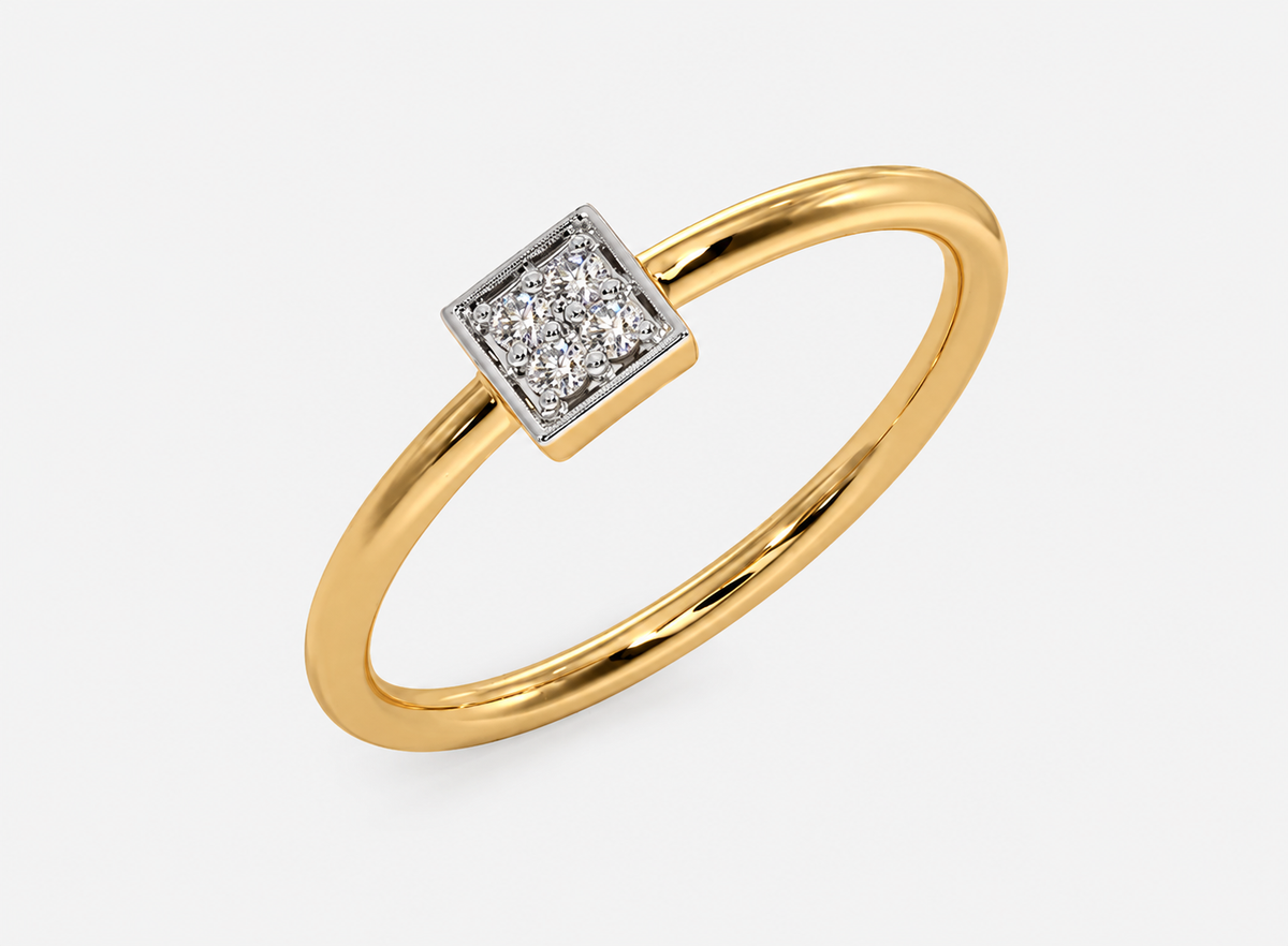 A small square frame of clustered clear accents sits on a smooth yellow-coloured band.