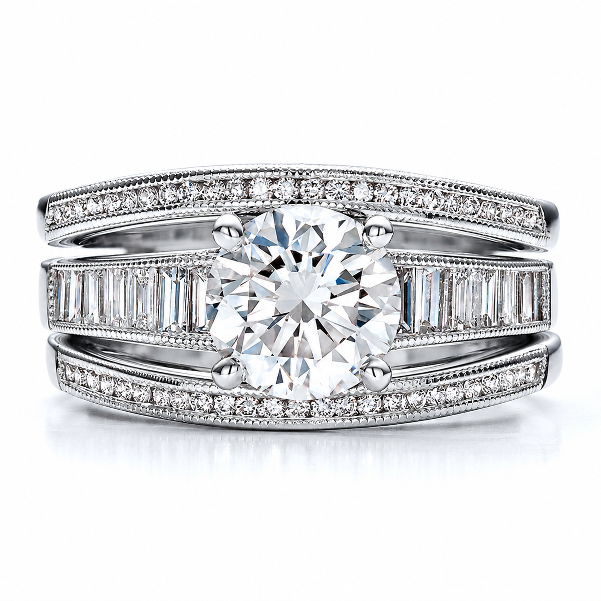 A round clear centre bridges a wide rectangular-accent band between two sparkling outer rows.
