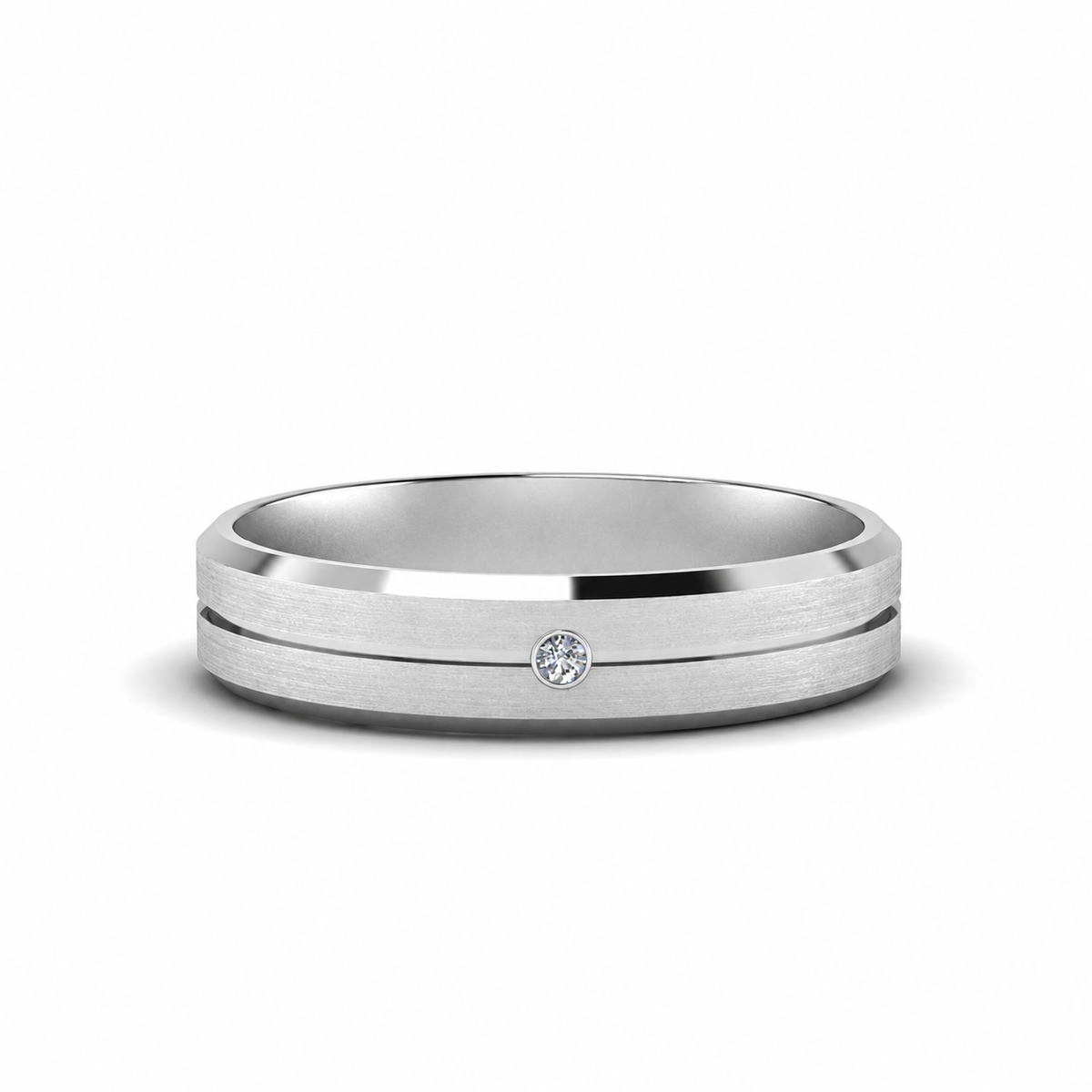 A small clear accent punctuates a satin-finished band with a fine horizontal groove.