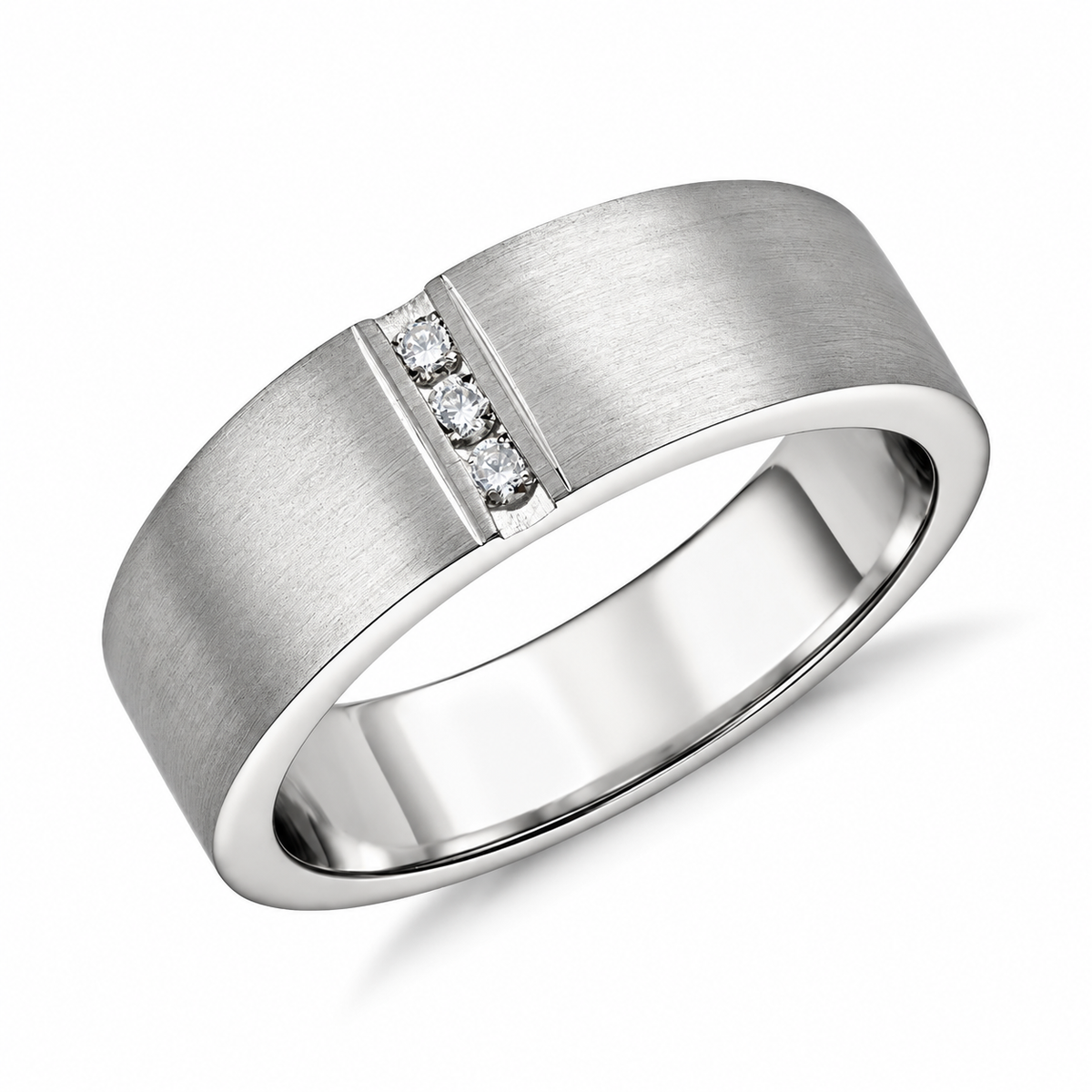Three clear accents form a short inset line across a broad satin-finished band.