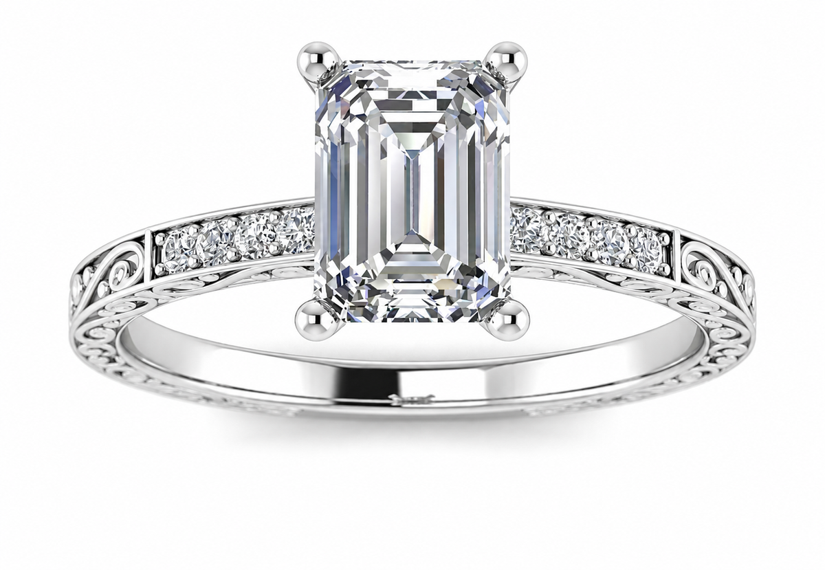 A rectangular step-cut clear centre rises above a slender band with sparkling panels and delicate scrollwork.