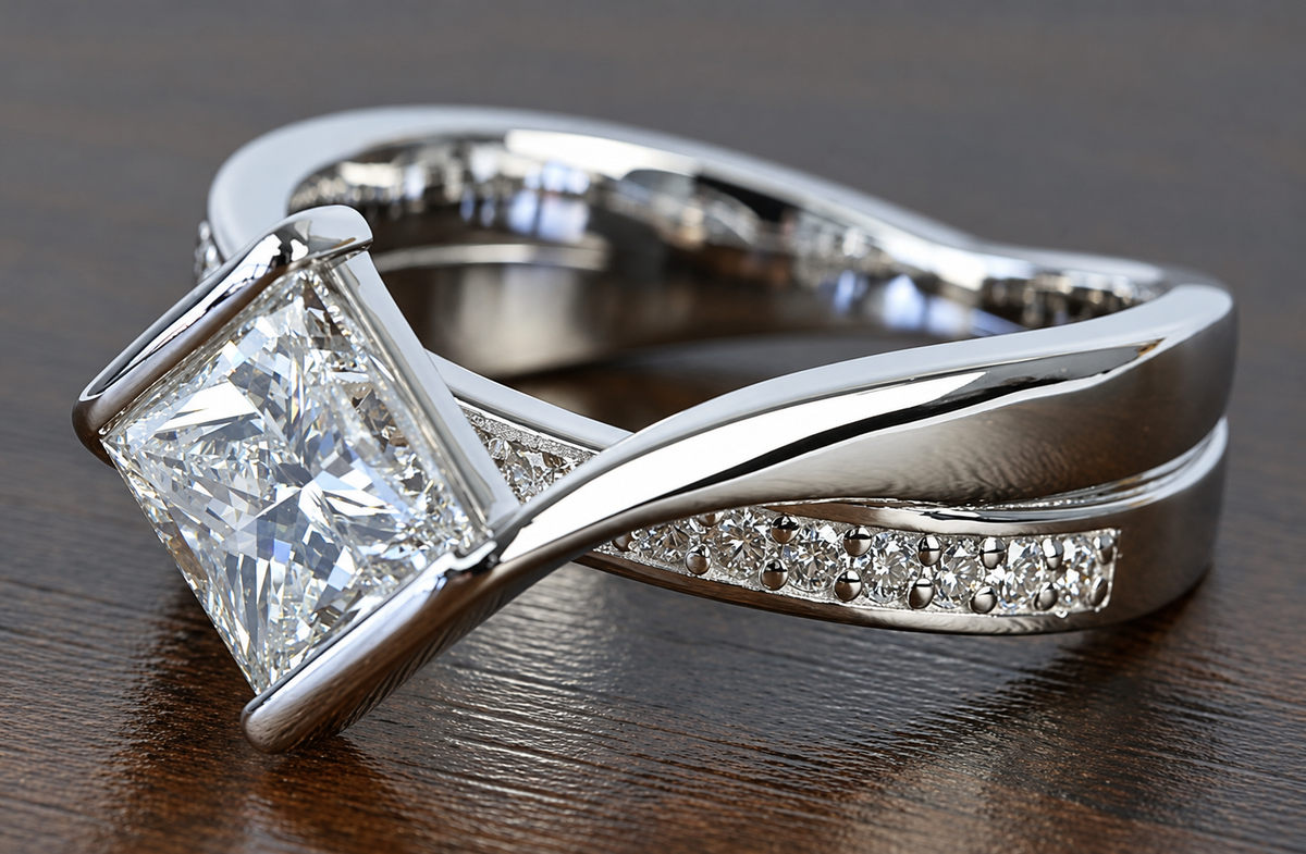 A square clear centre sits between crossing polished and stone-lined shoulders.
