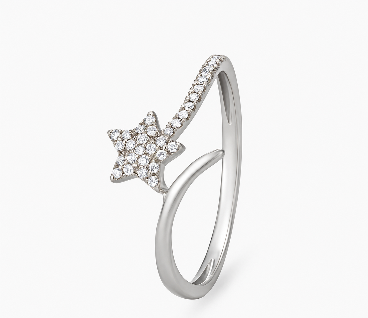 A sparkling star meets an open curved shoulder lined with small clear accents.