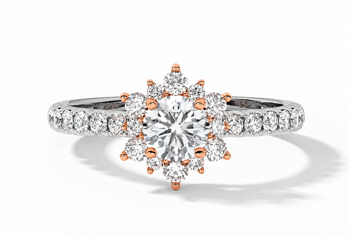 A round clear centre is surrounded by an alternating starburst of small sparkling accents.
