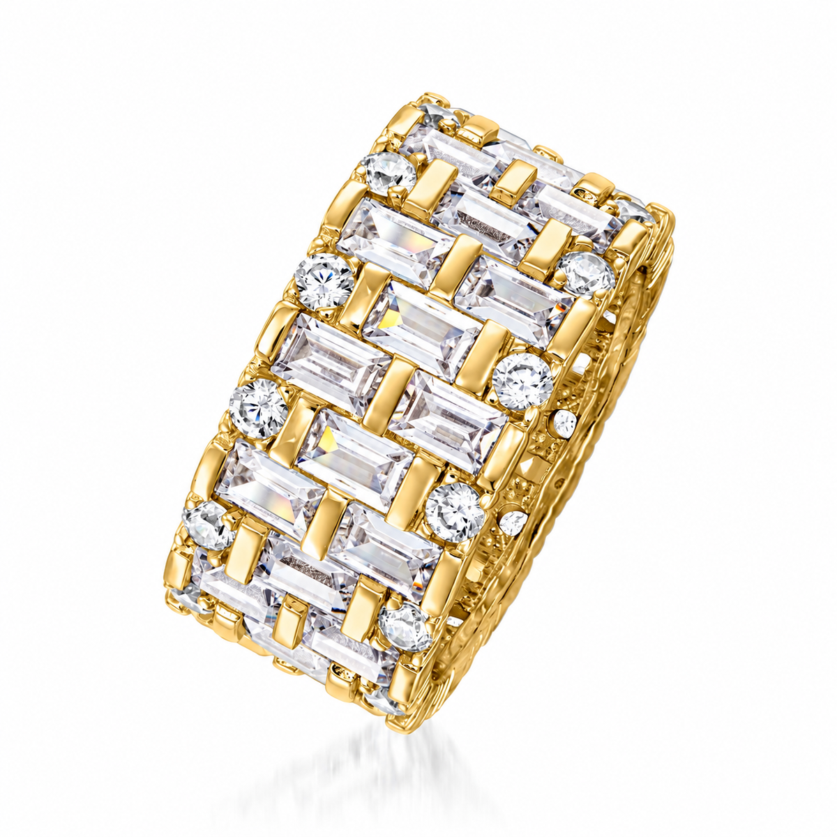 Rows of clear rectangular and round accents interlace with yellow-coloured bars across a broad band.